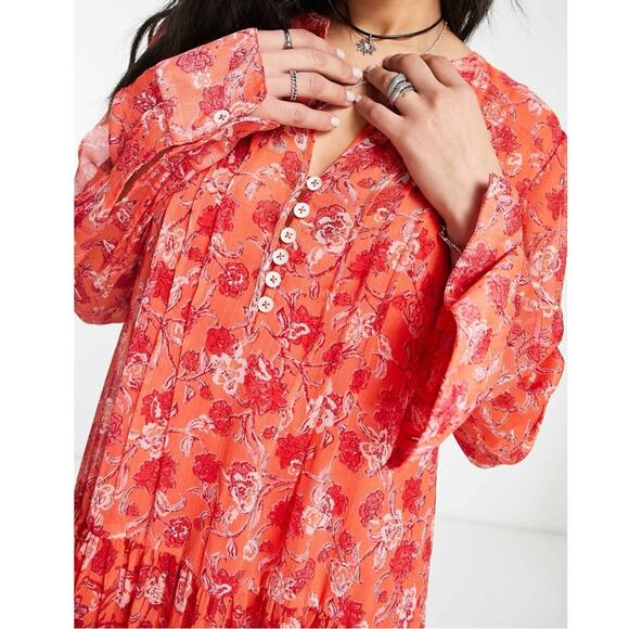 Free People See It Through Maxi Dress in Red Floral Size Large Bohemian - Picture 9 of 15